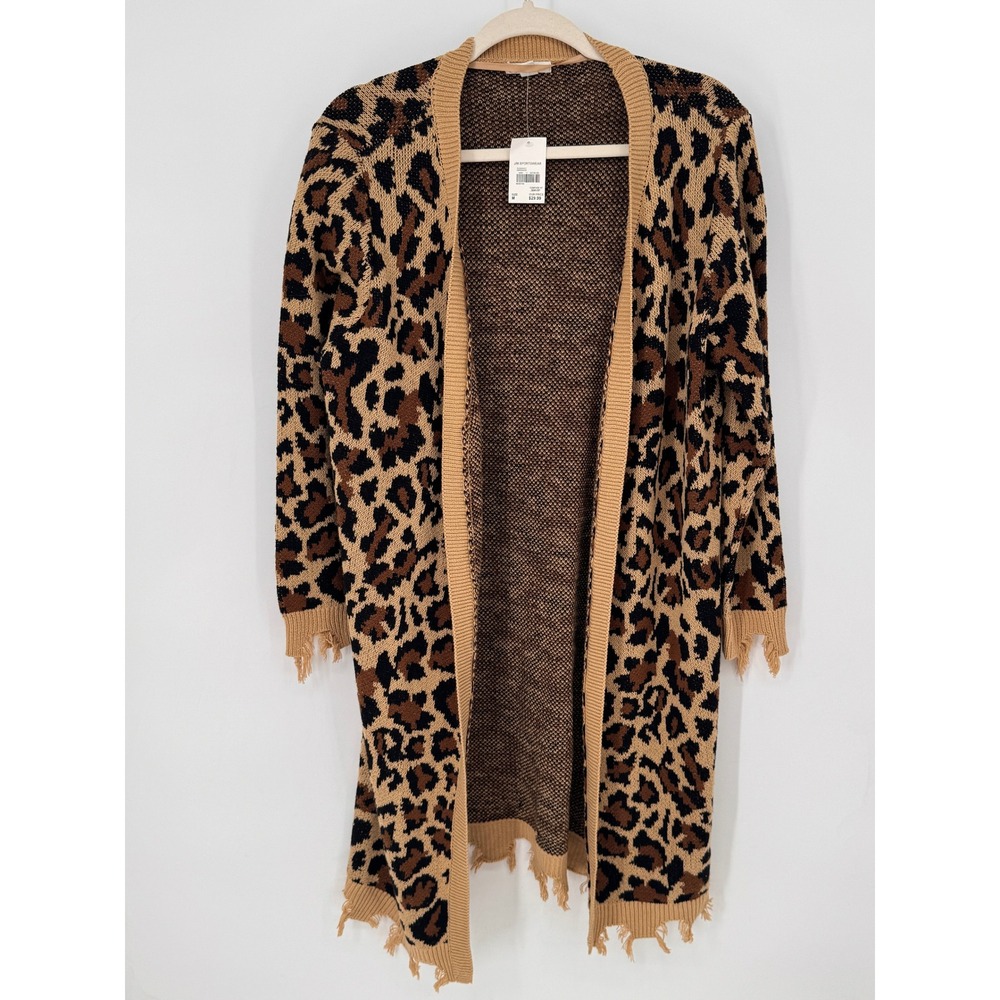Cato Cardigan Womens M Brown NWT Leopard Print Frayed Hem Longline Open Front
